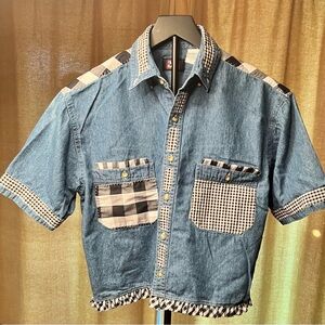 Vtg Crafted Denim Patchwork Button Up Crop Top Women’s Size 12-14